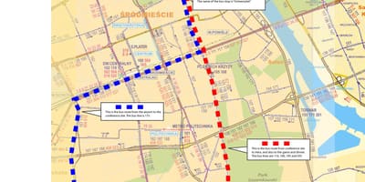 Karte Varšavas autobusu maršrutu 175 